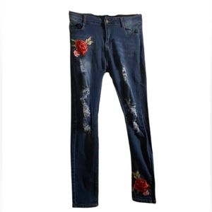 Blue rose embroidered jeans